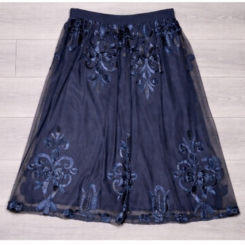 Belle Badgley Mischka Navy Blue Soutache Embroidered Mesh Skirt Women's Sz 12